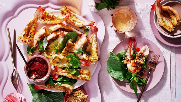 Butterflied prawns with cherry and lime leaf sambal