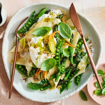 Open lasagne with spring greens and burrata