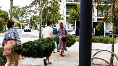 Customers carrying their real Christmas trees home from Pick a Tree
