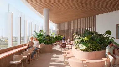 A rendering of the new outdoor terrace at Qantas's Sydney International Business Lounge