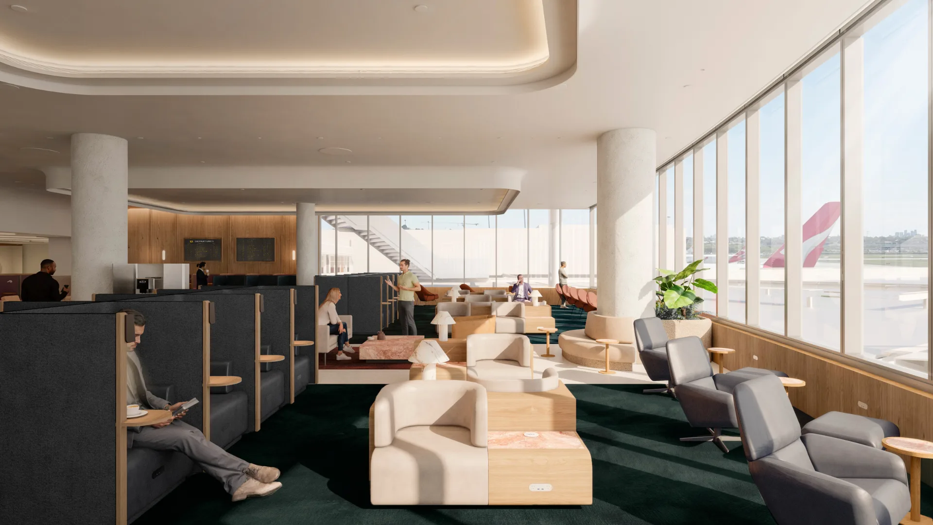 A rendering of the renovated Sydney International Business Lounge by Qantas
