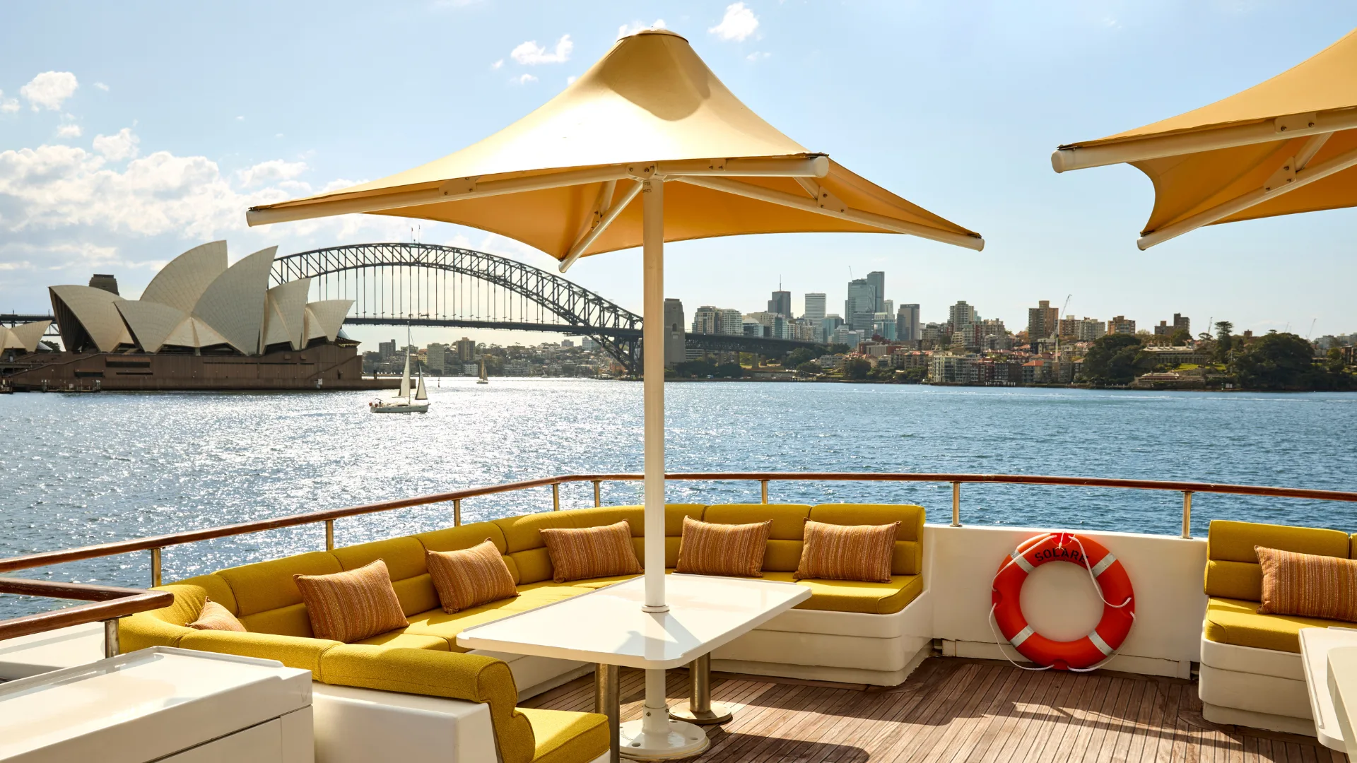 The view from the Sun Deck of the Solare superyacht, looking over Sydney Harbour