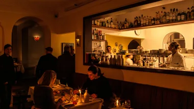 The low-lit dining room at Vin-cenzo's in Sydney's Darlinghurst