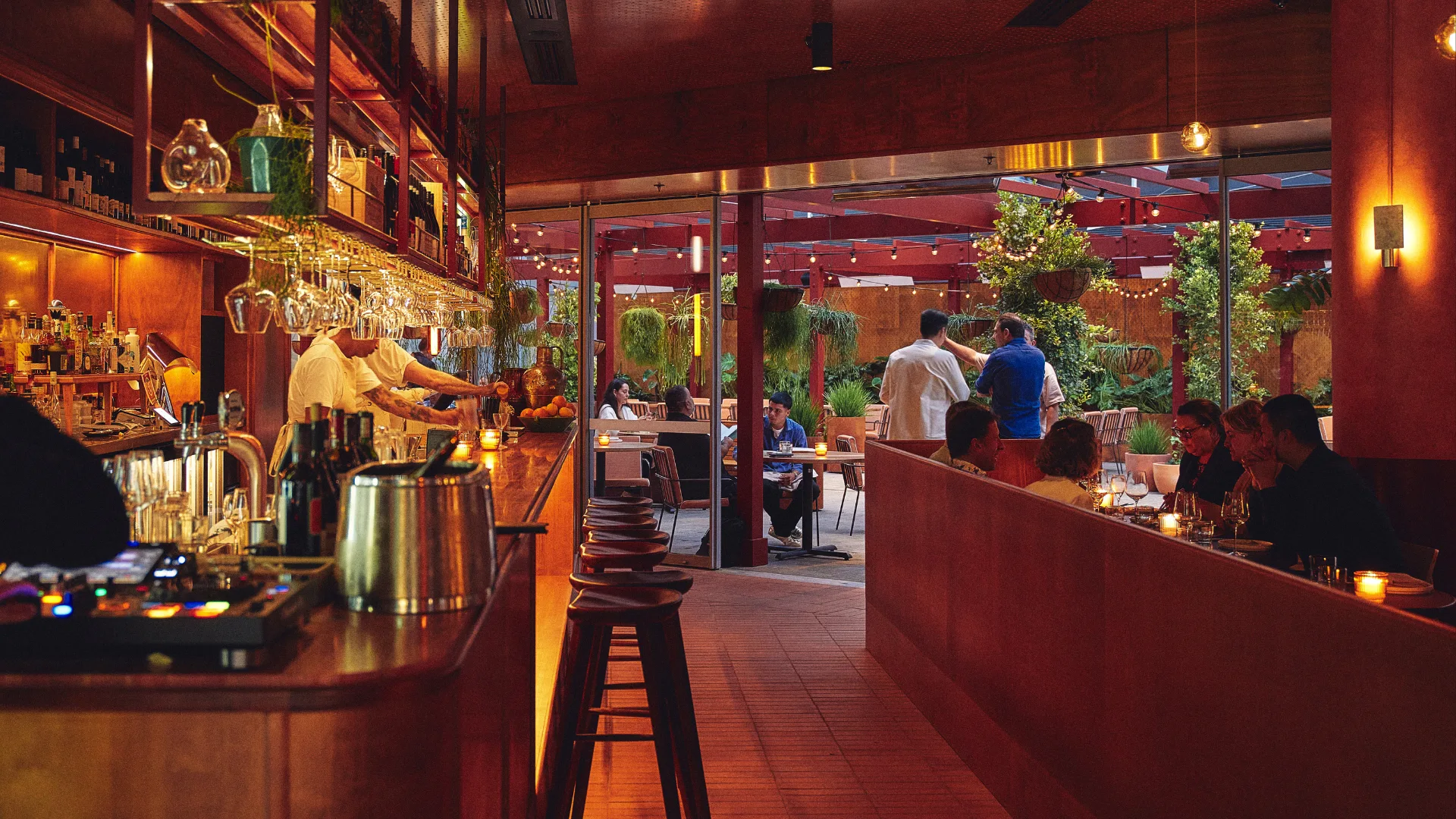 Looking from the bar to the outdoor dining area at new Sydney restaurant Watermans