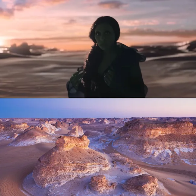 A composite of two images the top image showing Elphaba in the Wicked For Good filming location in the White Desert National Park in Egypt, the bottom image showing the actual park