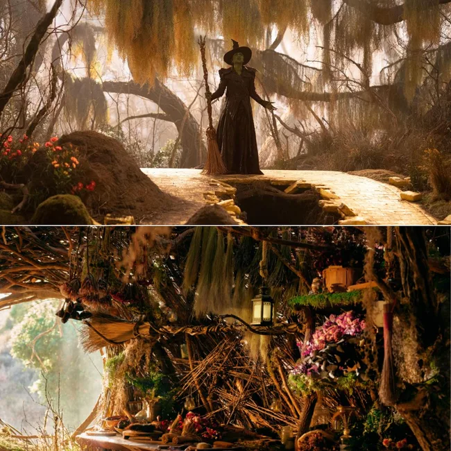 Two composite images of Wicked For Good filming locations, the top image shows Cynthia Erivo as Elphaba in the Wicked For Good forest. The second image shows a recreated location of Elphaba's retreat with a magical that appears to be made in a hollowed out tree