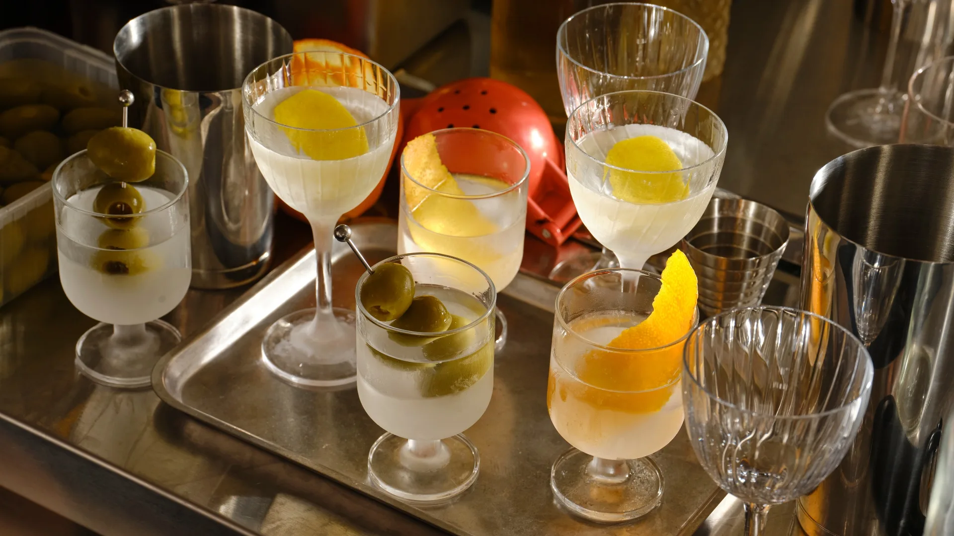 Cocktails on a silver tray at Daphne's bar