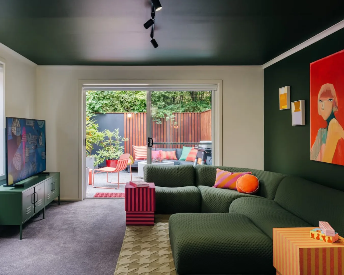 A kitsch and colourful Airbnb interior.