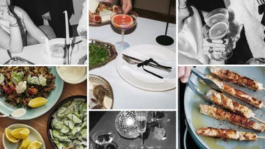 A collection of imagery of a dinner party for a quitelike meal kit review