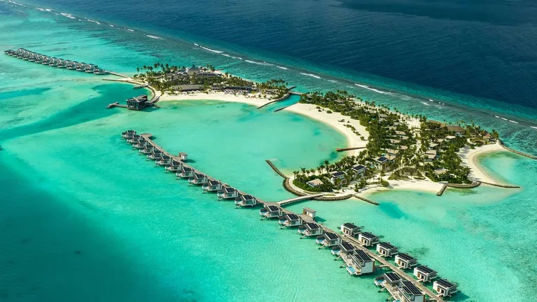 Luxury Escapes deals, including at SO/ Maldives, viewed here from the air.