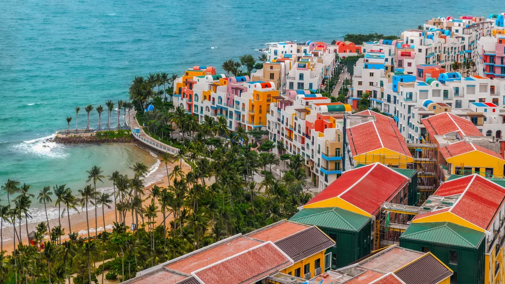 Colorful buildings by the sea in Phu Quoc, Vietnam from aerial view