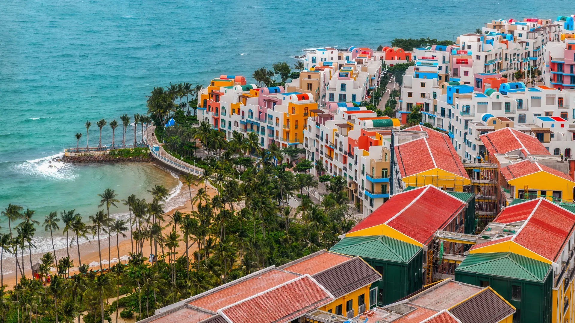 Colorful buildings by the sea in Phu Quoc, Vietnam from aerial view
