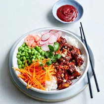 Sticky lemongrass and pork belly rice bowl