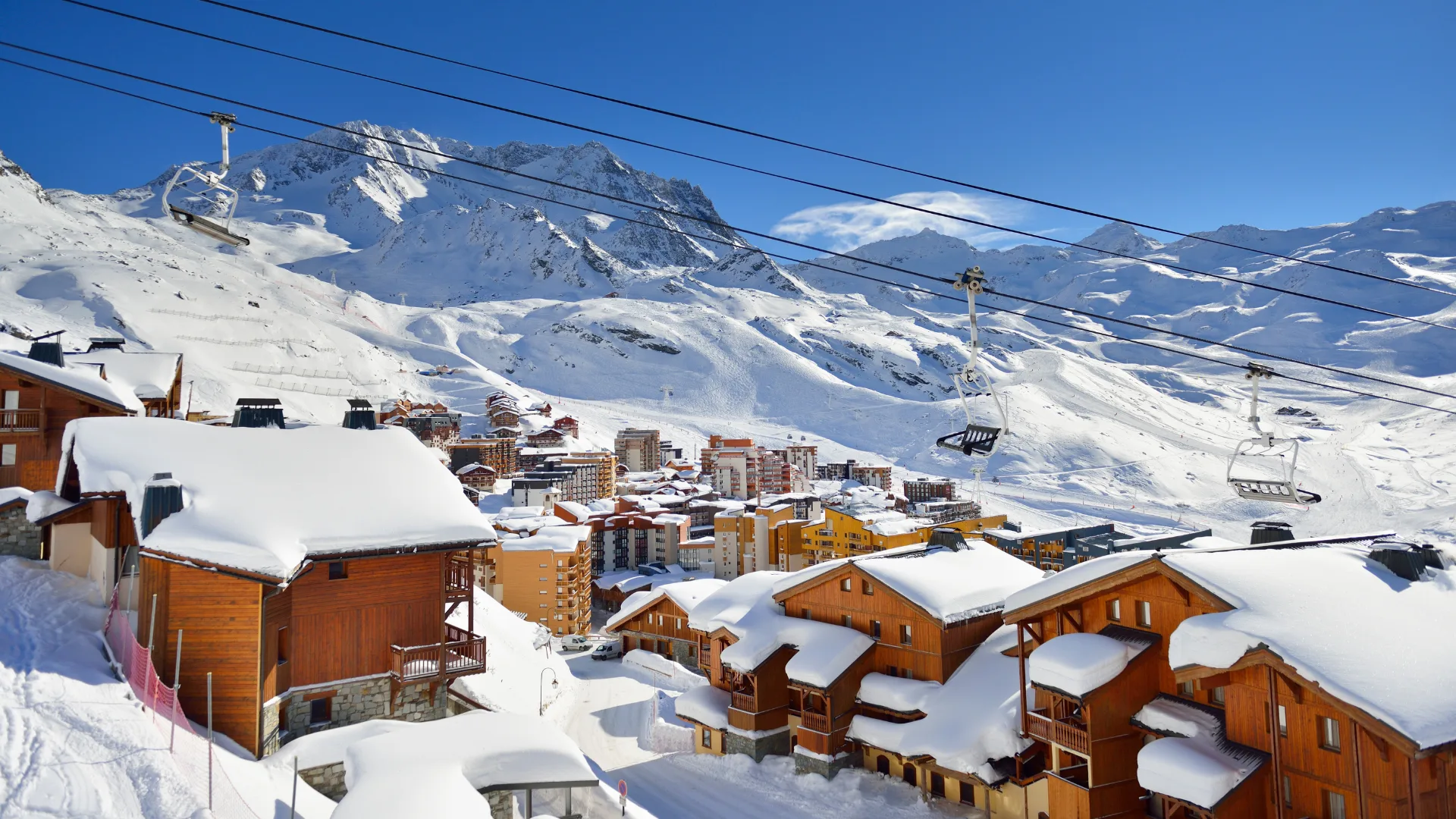 View over Val Thorens in the Trois Vallees skiing area in the French Savoie region.