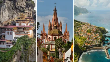 Imagery of Paro in Bhutan, Madeira in Portugal, San Miguel de Allende in Mexico