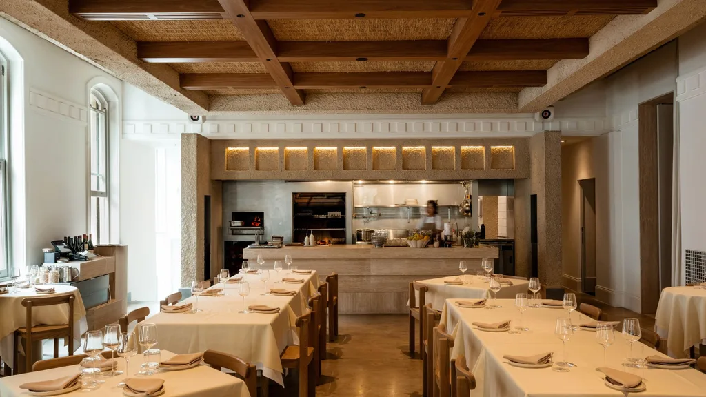 The warm sand coloured interiors of Omada restaurant in Adelaide