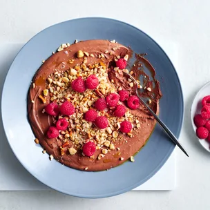 Quick dark chocolate mousse with olive oil and salted pretzel crumb.