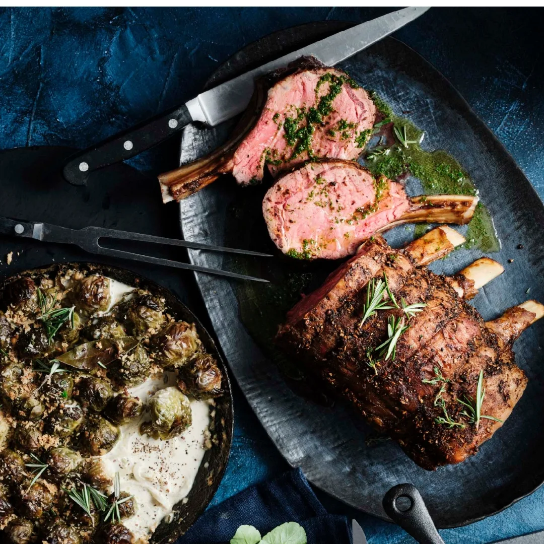 Roast veal rack with Brussels sprout and mustard gratin.