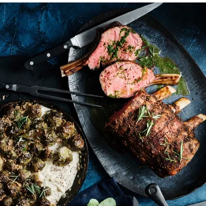 Roast veal rack with Brussels sprout and mustard gratin