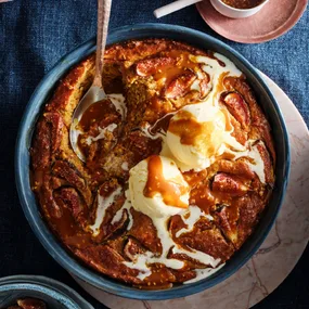 Sticky fig pudding with tahini butterscotch and fig leaf ice-cream