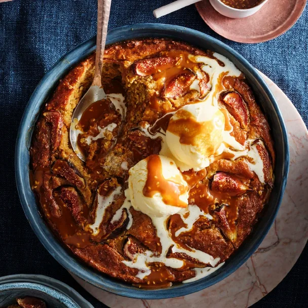 Sticky fig pudding with tahini butterscotch and fig leaf ice-cream