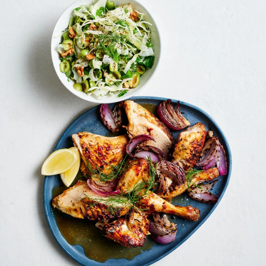 Anchovy and dill char-grilled chicken with fennel and walnut salad
