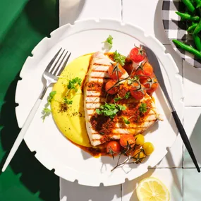 Charred swordfish with ’nduja butter and corn purée