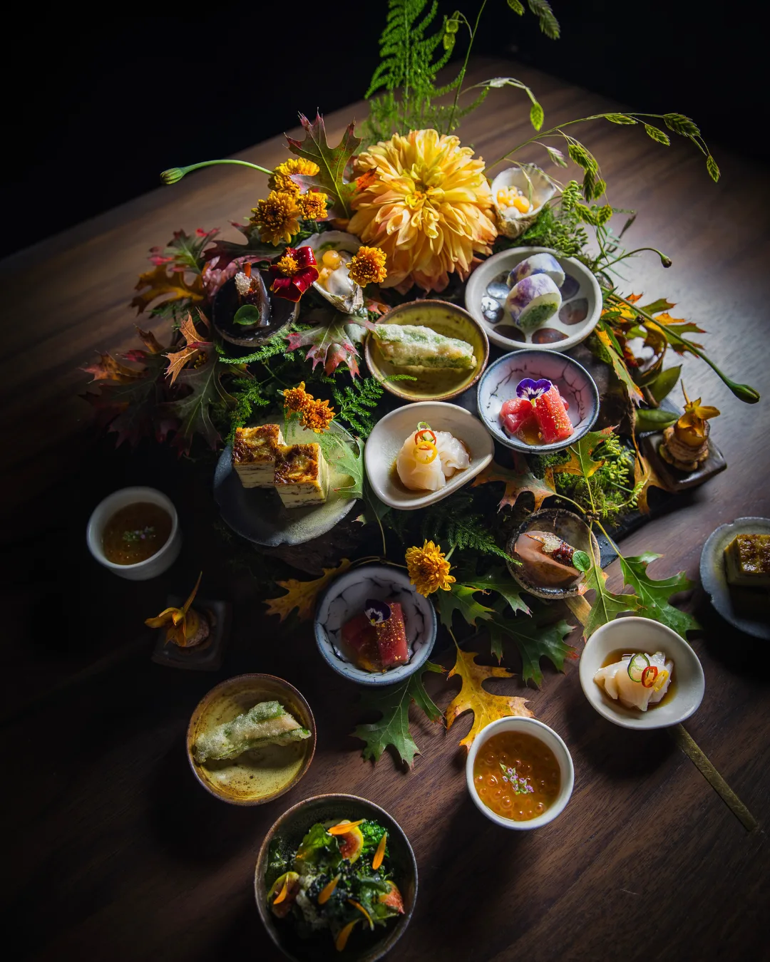 The hassun course at SingleThread, presented with flowers from the farm.