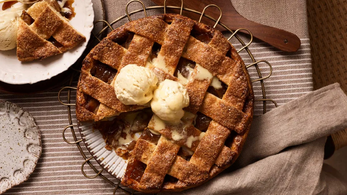 Spiced apple lattice pie with ginger semifreddo recipe - Gourmet Traveller