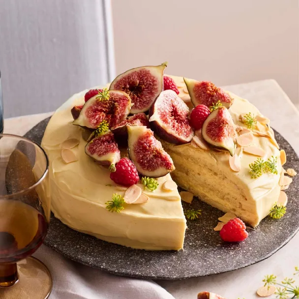 Stephanie Alexander&rsquo;s almond meringue cake with lemon curd cream, figs and raspberries