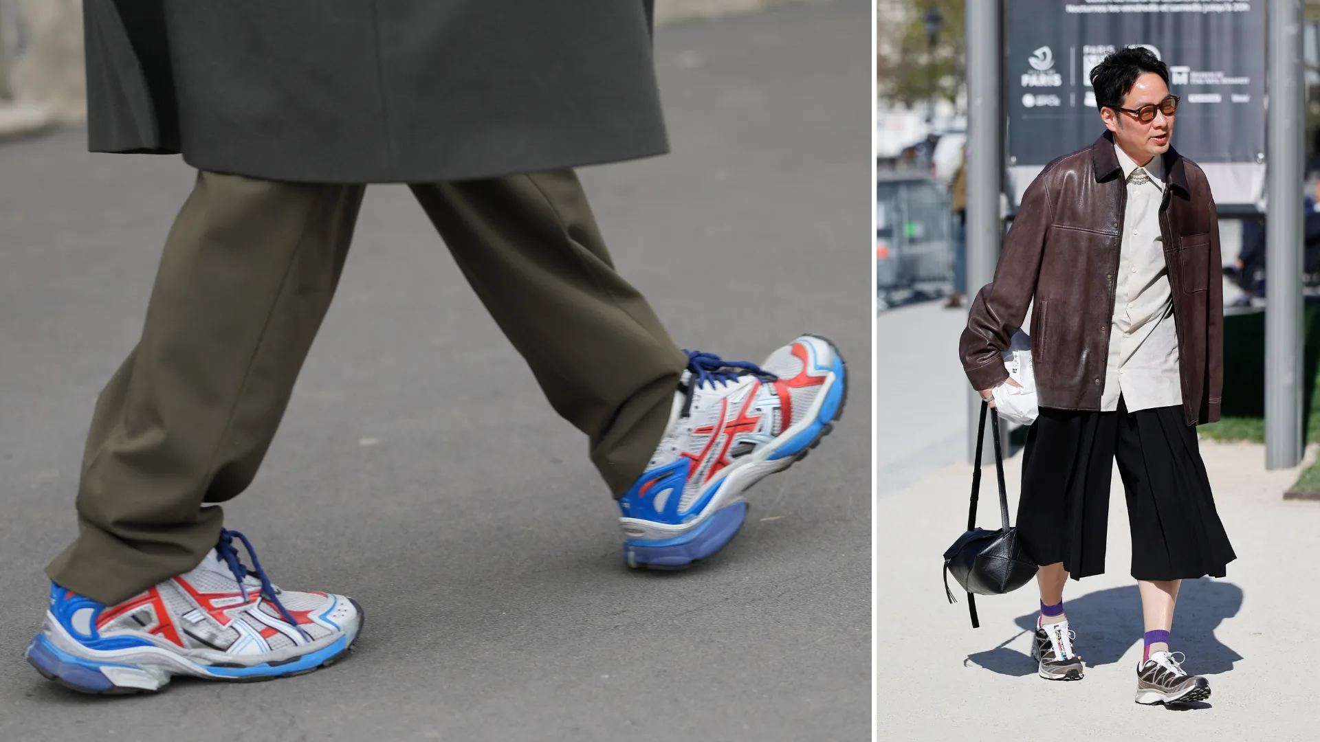 Left image a dark gray wool coat hem, green olive tailored trousers, white gray mesh and leather sneakers shoes with red overlays, blue accents, blue laces, and blue rubber soles, outside Prada, during Milan Fashion Week, on right a man wearing a beige shirt, brown leather jacket, black pleated cropped pants, brown Salomon sneakers