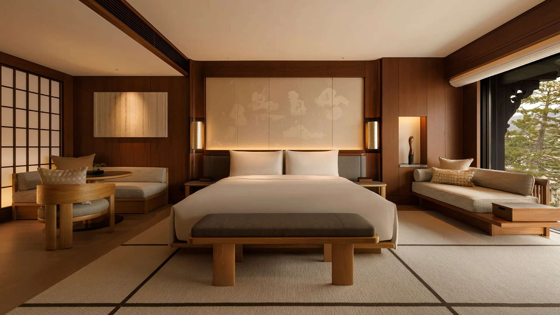 The neutral-toned suite at Capella Kyoto