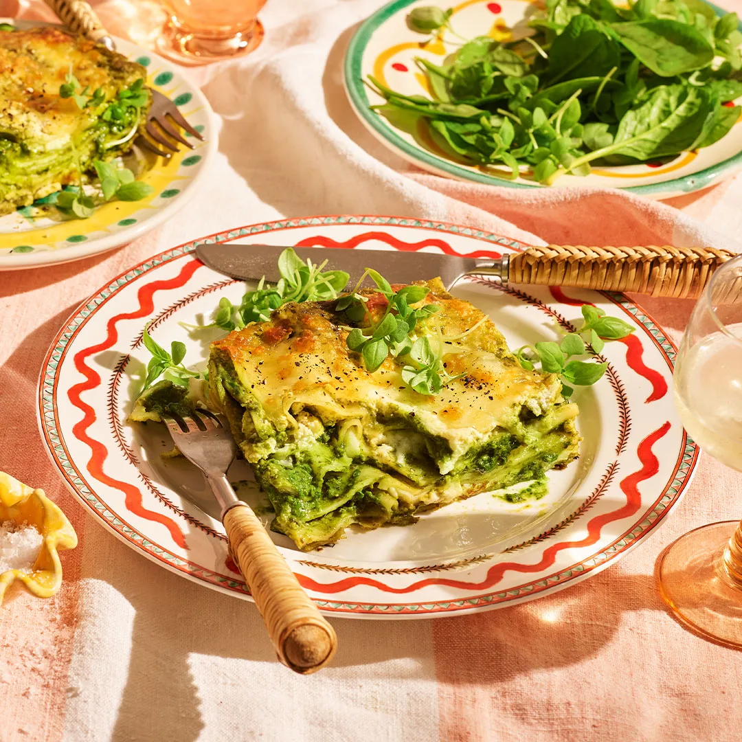 Lasagne alla Portofino, layered with pesto, creamy sauce and Italian cheeses
