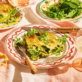 Lasagne alla Portofino, layered with pesto, creamy sauce and Italian cheeses