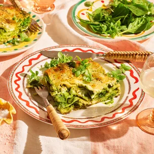 Lasagne alla Portofino, layered with pesto, creamy sauce and Italian cheeses