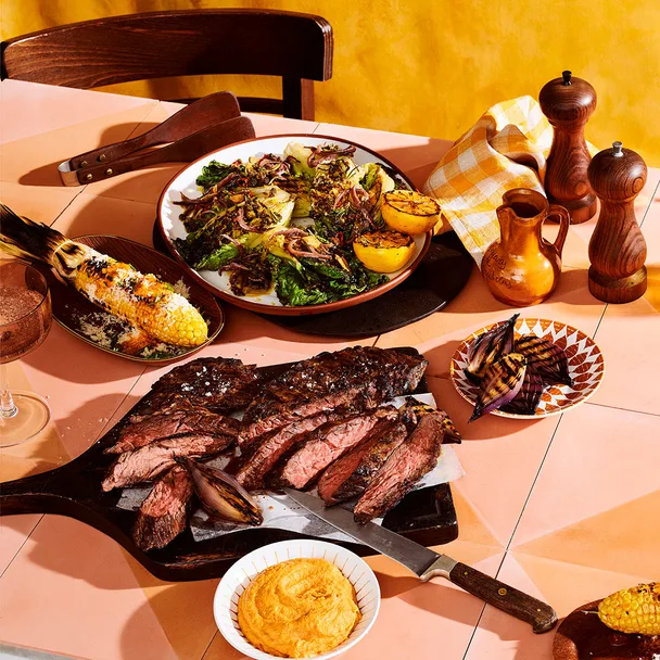 Lennox Hastie's grilled bavette served with a sunny romesco and sweet, charred onions