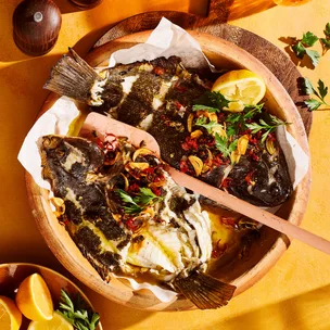 Lennox Hastie's grilled whole flounder with pil-pil and capers