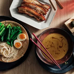 Tsukemen ramen with chashu pork and black garlic-miso bomb