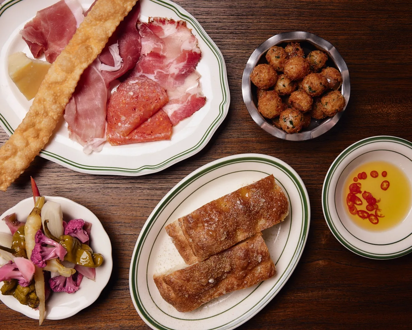 Bar Bruno's pickles, crumbed olives, tagliere di bruno