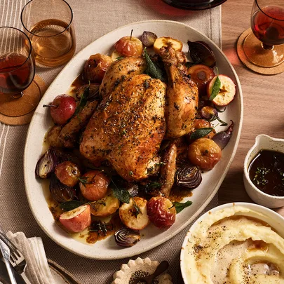 Brined chicken with roast apples and parsnip mash