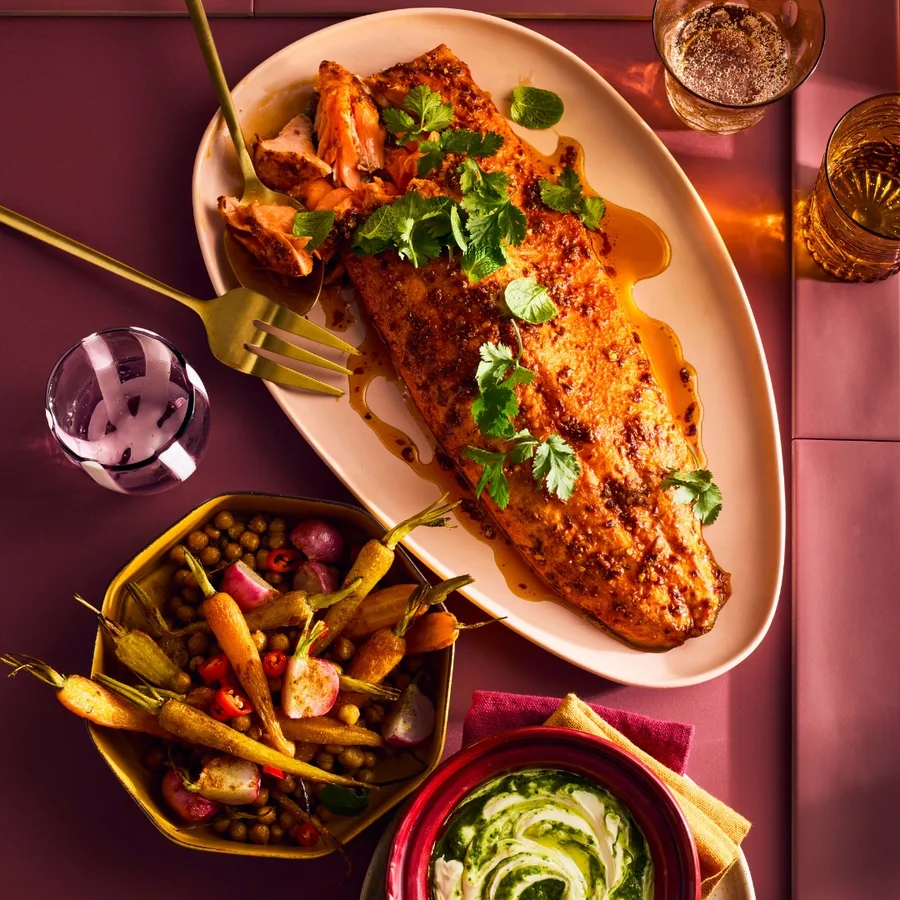 Harissa-honey glazed ocean trout with herb yoghurt