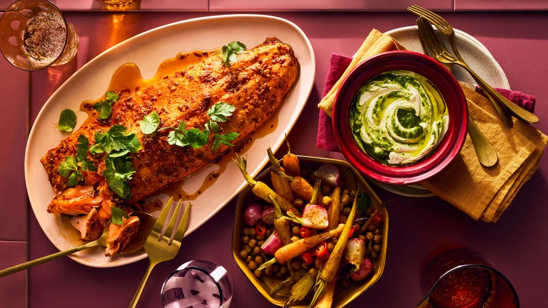 Harissa-honey glazed ocean trout with herb yoghurt