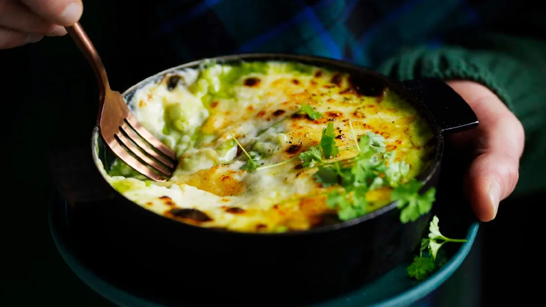 Leek risotto and raclette gratin