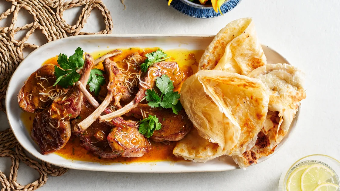 Mango pickle butter roasted lamb with roti