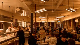 The dining room at new Melbourne restaurant Delmonte in the evening