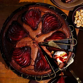 Red wine pear and chocolate tart