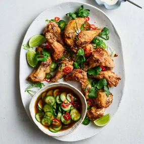 Salt and pepper chicken drumettes with cucumber salad
