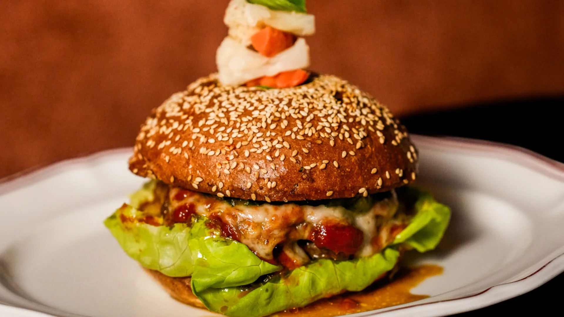 Vitelli's Uptair's lunchtime burger with their specialty red Vodka sauce