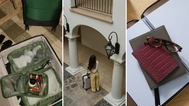 A selection of packing cubes, suitcases and passport holders as top-quality travel organisers
