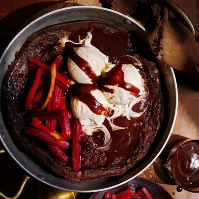 Chocolate Dutch baby with roasted rhubarb